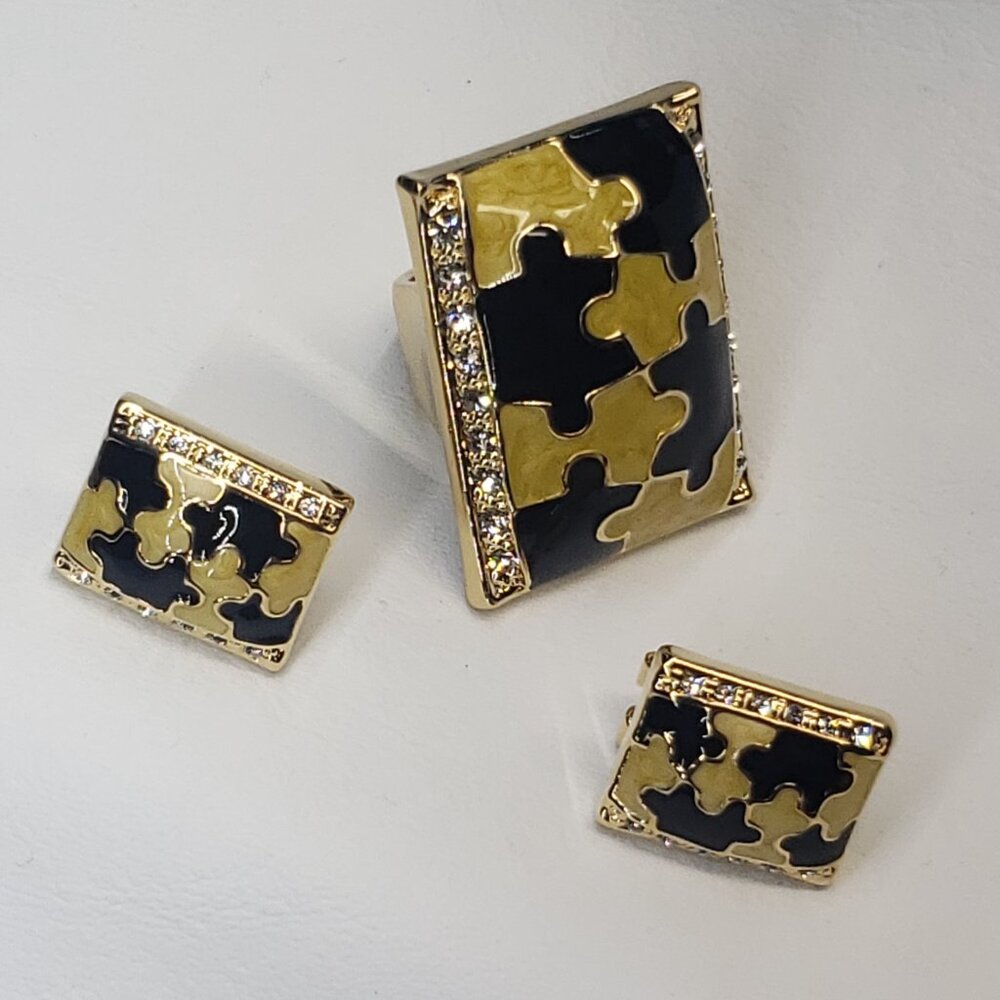 NWT Camille Lucie ๐ Yellow & Black Puzzle Ring & Earring Set โ Size 8 - Picture 2 of 6